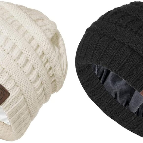 Women Satin Lined Winter Beanie Hats Cozy Slouchy Knit Cuffed Gift - Picture 1 of 7